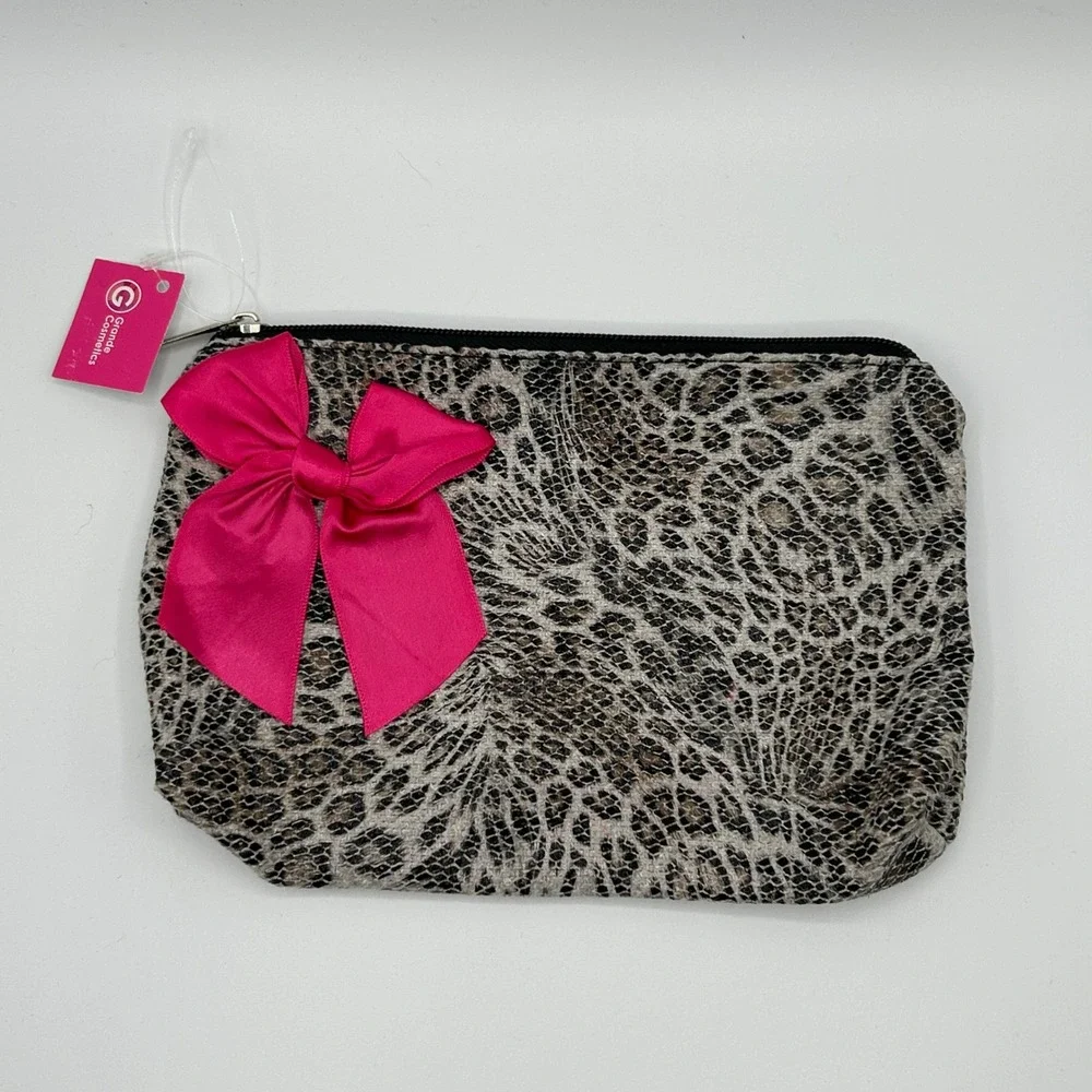 Grande Cosmetics Makeup Bag Gray Leopard Pink Bow‎ Cosmetic Travel Pouch NWT